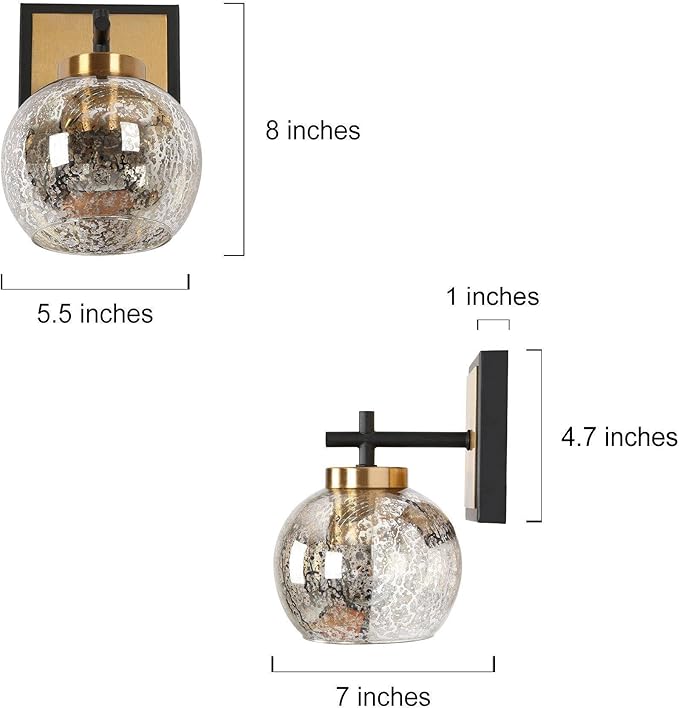 KSANA Black and Gold Sconce, Modern Globe Wall Sconces Lighting with Mercury Glass and Brass Finish for Bathroom, Bedroom, Hallway and Living Room