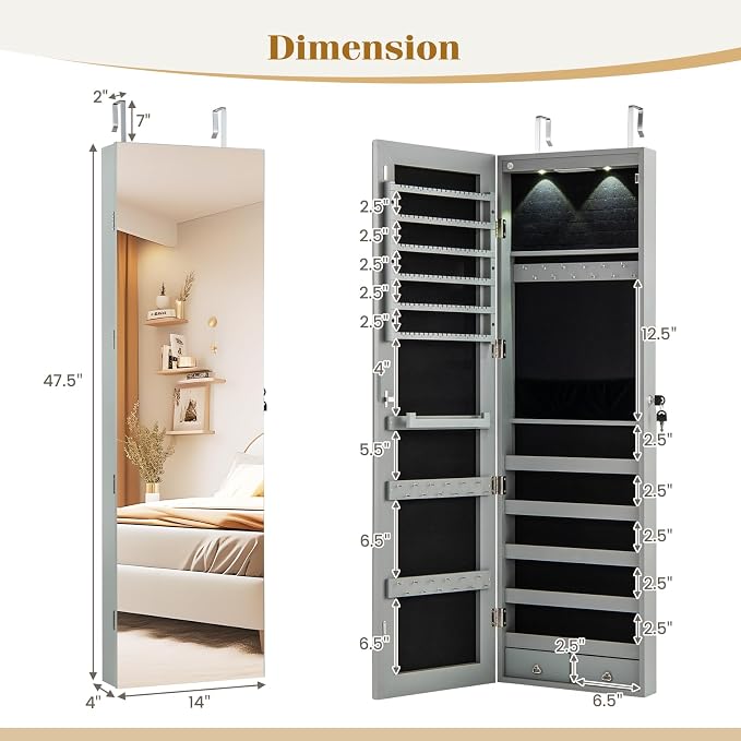 NAFORT 2 LEDs Mirror Jewelry Cabinet, 47.5-Inch Tall Wall or Door Mounted Jewelry Organizers and Storage with Frameless Full-length Mirror, Lockable Jewelry Armoire with 2 Drawers, Gray