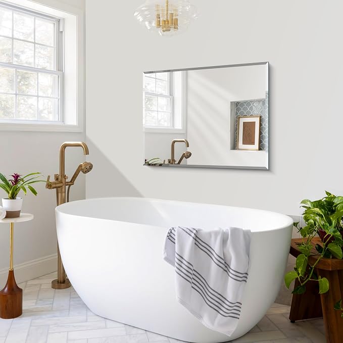 CILIBER Beveled Mirror, 24x30 Frameless Beveled Bathroom Mirrors for Wall, 3mm Tempered Glass Rectangle Vanity Mirror with Beveled Edge, Crystal-Clear, Hangs Horizontally or Vertically