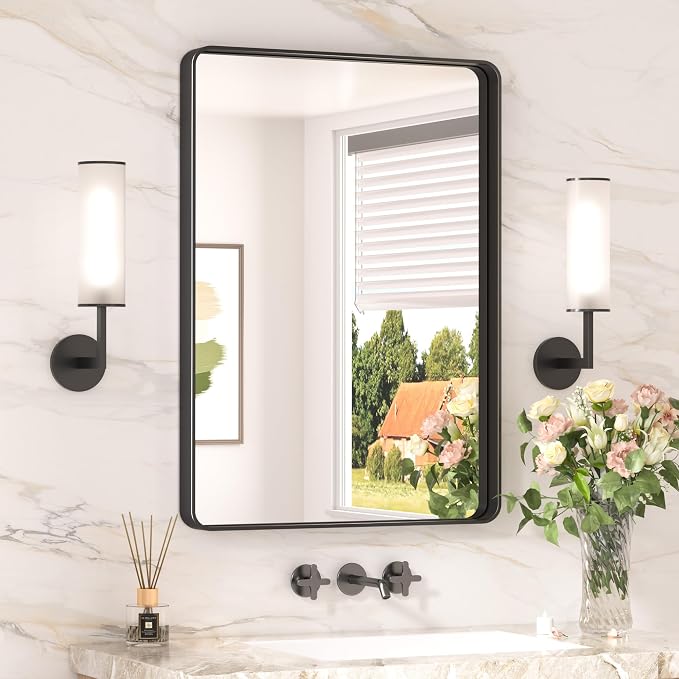 Keonjinn 20 x 30 Inch Black Bathroom Mirror, Tempered Glass Vanity Mirror | Sandblasted Finish, Matte Black Mirror, Anti-Rust, Seamless Aluminum Frame, Rounded Rectangle, French Cleat Mount, Home Décor