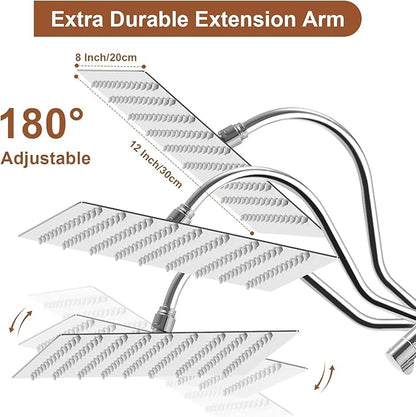 Shower Head, 12" Rain Shower Head with Handheld Spray Combo, High Pressure Rainfall Rectangle Shower Heads with Extension Arm Wide Dual Showerhead with Shower Slide Bar, Bathroom Accessories, Chrome