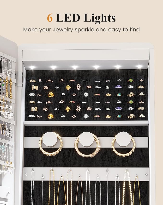 LVSOMT Standing Jewelry Mirror Organizer 6 LED Swivel Jewelry Cabinet White | Framelss Full Length Mirror with Jewelry Storage, Lockable Jewelry Armoire with 4 Rear Shelves and Hooks for Women Gift