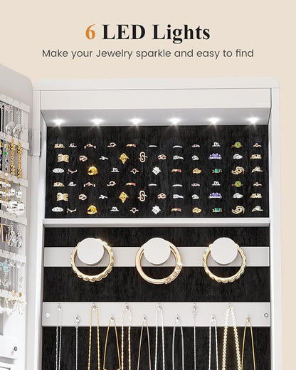 LVSOMT Standing Jewelry Mirror Organizer 6 LED Swivel Jewelry Cabinet White | Framelss Full Length Mirror with Jewelry Storage, Lockable Jewelry Armoire with 4 Rear Shelves and Hooks for Women Gift