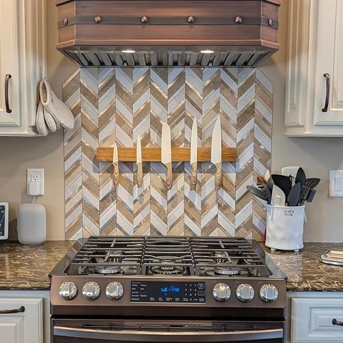 Yipscazo 10-Sheet Herringbone Backsplash Peel and Stick Tile, Beige Mixed Gray Stone Mixed Metal Gold PVC Stick on Backsplash for Kitchen, Waterproof Self Adhesive Wall Tiles for Bathroom