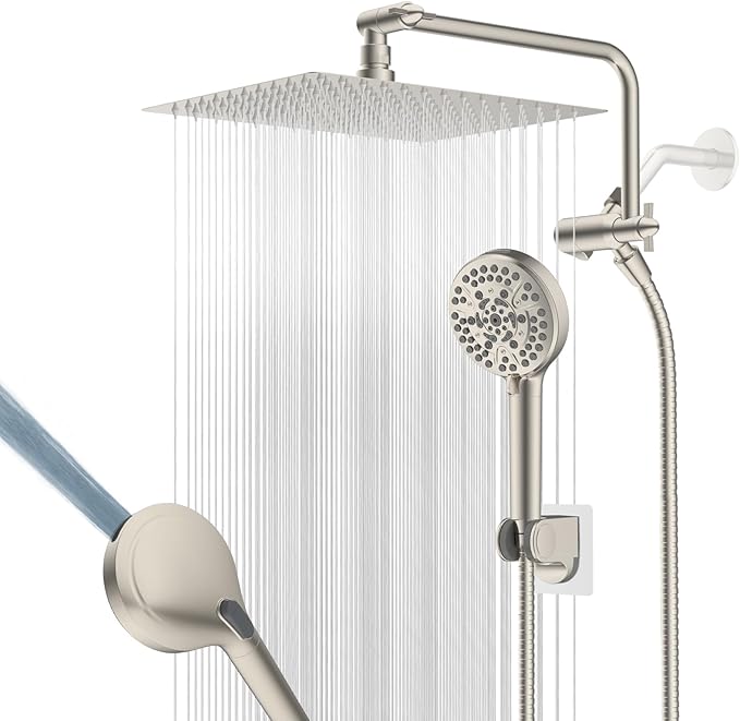 12" Metal Rainfall Shower Head with 10-Mode Handheld, Brushed Nickel | NSF/ANSI/CAN 372 Certified, High Pressure Showerhead Combo with 11" Adjustable Shower Arm, 71" Hose, Shower Head Holder