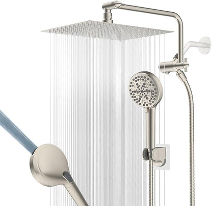12" Metal Rainfall Shower Head with 10-Mode Handheld, Brushed Nickel | NSF/ANSI/CAN 372 Certified, High Pressure Showerhead Combo with 11" Adjustable Shower Arm, 71" Hose, Shower Head Holder
