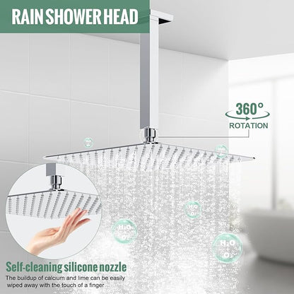 SunCleanse Rainfall Shower System Polished Chrome Ceiling Mounted Shower System Combo Set with High Pressure 12 Inches Square Rain Shower Head Handheld and Shower Faucet Rough-in Mixer Valve and Trim