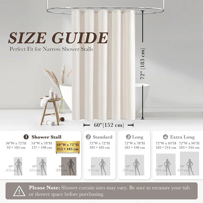 Seasonwood Cream Linen Shower Curtain Farmhouse Bathroom Decor 60x72 Inches | Boho Bathroom Decor,12 Sturdy Stainless Steel Sliding Hangers,Rustic Country Style,Linen Shower Curtains for Bathroom