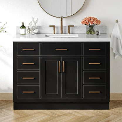 Isabella 48-Inch Bathroom Vanity with Sink — Black Single Sink Bathroom Vanity, 1.5" Edge Italian Carrara Marble Top, Solid Wood, 2 Soft-Close Doors, 8 Dovetail Drawers + Tilt Drawer
