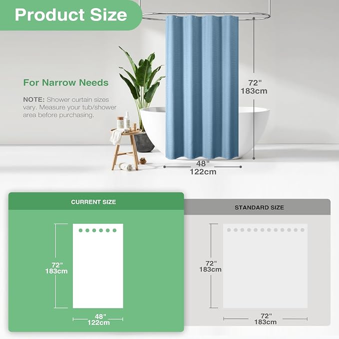 Stall Waffle Shower Curtain 256 GSM Heavy 48"x72" Moonlight Blue | 48 Inch Wide, Thick Cloth, Weighted Hem, Water Repellent, Hotel Luxury Polyester Shower Curtain Set for Bathroom 8 Hooks