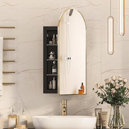 Recessed Medicine Cabinet for Bathroom,Brushed Gold Arched Medicine Cabinet with Mirror,Arch Mirrored Medicine Cabinets Recessed,Bathroom Mirror with Storage,Open from Left to Right 16x31