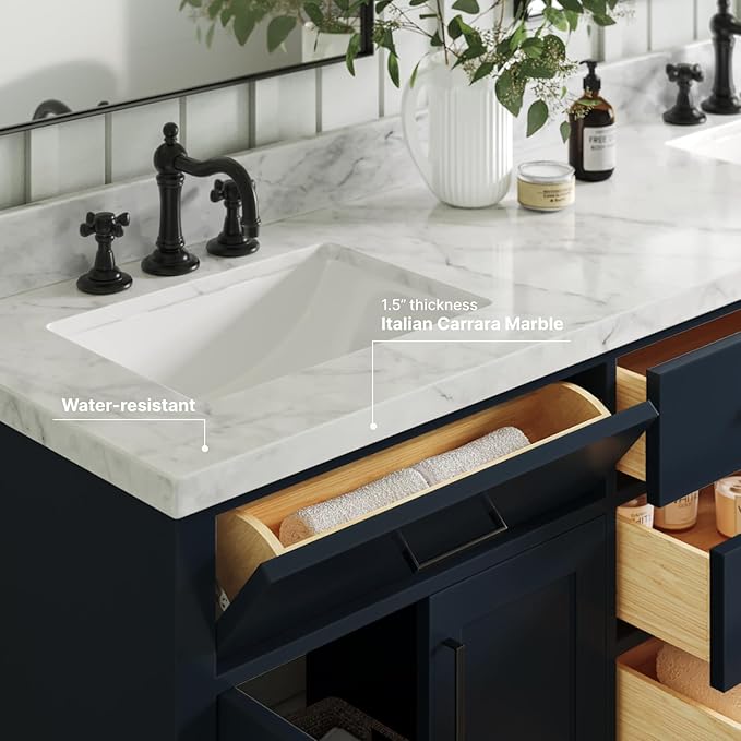 ARIEL Hepburn 72-inch Bathroom Vanity with Sink,Solid Wood, 1.5-inch Italian Carrara Marble Countertop, Double Rectangular Porcelain Sink, 4 Soft Closing Doors, 6 Dovetail Drawers, Midnight Blue