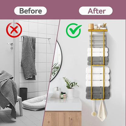 Towel Racks for Bathroom, 36.6 inch Metal Towel Storage, 8 Large Bath Towels Capacity, 3-Tier Towel Holder for Bathroom, with Shelf & 6 Hooks, Wall Mounted Towel Rack for Rolled Towels, Gold