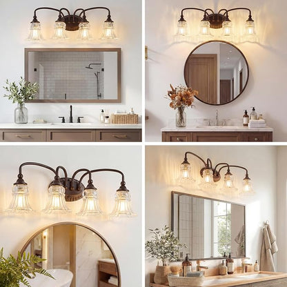 4-Light Vintage Bathroom Light Fixtures, Oil Rubbed Bronze | Vanity Lights Over Mirror with Floral Glass Shade for Bathroom Powder Room, Living Room Hallway