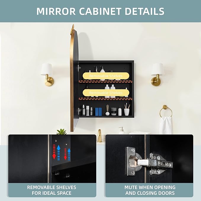 Casaphoria 36" H x 24" W Arched Bathroom Medicine Cabinet with Mirror, Metal Frame Wall Mirror Cabinet,Wall Medicine Cabinets Mirrors, Gold