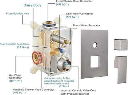 BWE 16 Inch Square Bathroom Luxury Rain Mixer Shower Combo Set Shower Kit Wall Mounted Rainfall Shower Head System Brushed Nickel Shower Faucet Rough-in Valve Body and Trim Included