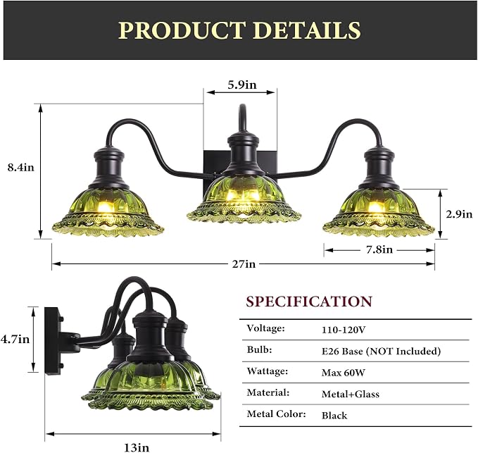 Vintage Vanity Lights 3-Light, Black Bathroom Lights with Green Shade, Glass Bathroom Light Fixtures Over Mirror, Farmhouse Wall Sconce for Bathroom, Vanity Table, Entryway, Hallway