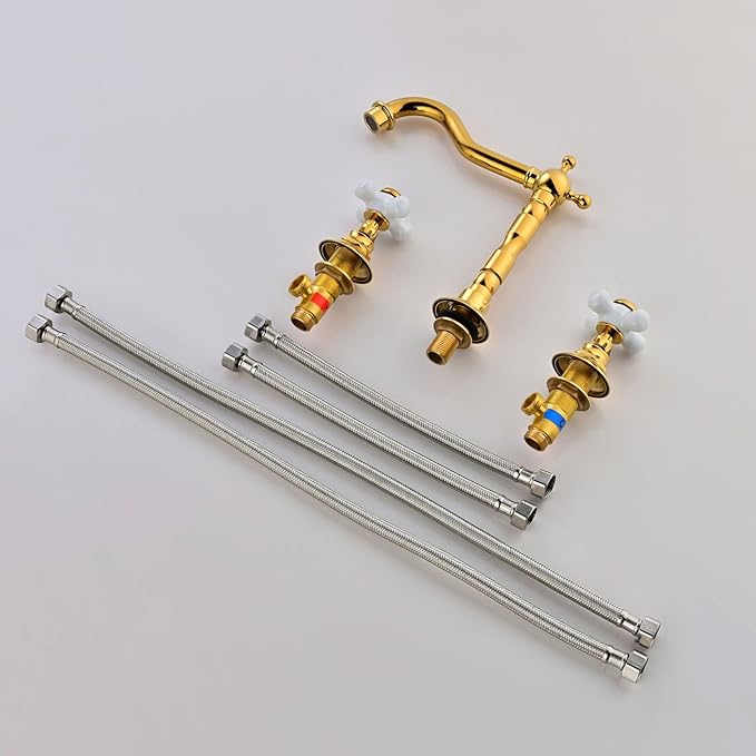Restroom Vanity Faucet 3 Hole Long Spout Reach 2 Knob Bathroom Faucet Widespread G1/2'' Hot and Cold Water,Titanium