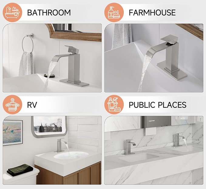 Brushed Nickel Bathroom Faucets Evolvegoods Modern Waterfall Faucet | Single Handle 1 or 3 Hole Bathroom Sink Faucet RV Mixer Tap Vanity Faucet with Deck Plate Pop-up Drain and Supply Lines