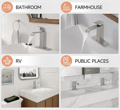 Brushed Nickel Bathroom Faucets Evolvegoods Modern Waterfall Faucet | Single Handle 1 or 3 Hole Bathroom Sink Faucet RV Mixer Tap Vanity Faucet with Deck Plate Pop-up Drain and Supply Lines