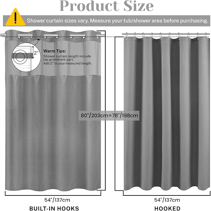 SORTTO No Hook Shower Curtain with Snap in Liner Set Waffle Shower Curtain for Bathroom Hotel Style Fabric Waterproof Inner Liner，54" W x 80" H, Grey
