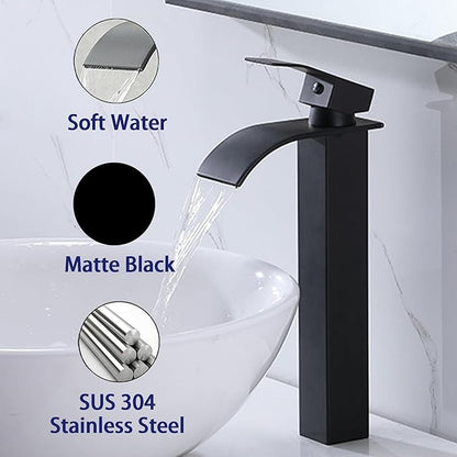 VAPSINT Vessel Sink Faucet, Matte Black Waterfall Tall Bathroom Faucet 1 Hole, Modern Single Handle Stainless Steel Bathroom Sink Faucet with Water Supply Lines & Pop Up Drain