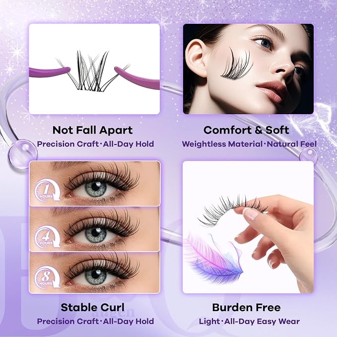 B&Q Wispy Lash Clusters Kit, Natural 04, Individual False Eyelashes Extension Set, Undetectable Natural Look for Effortless Day-to-Night Beauty, from Office Elegance to Date Night Glamour(8-16mix)