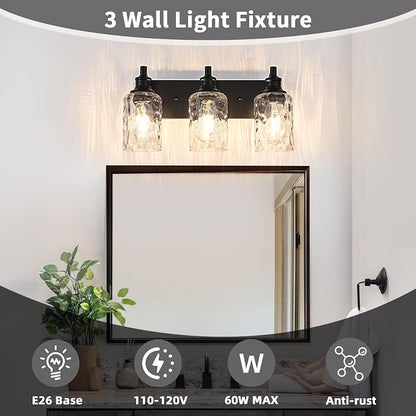 Bathroom Light Fixtures Over Mirror, 3 Lights Vanity Lights with Hammered Glass Shade, 17.8" Matte Black Farmhouse Bathroom Light Fixtures for Bedroom, Porch, Hotel, Mirror Cabinet