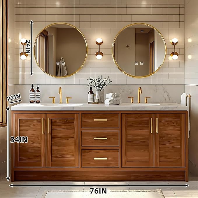 Bathroom Vanity - Retro Bathroom Vanity with Double Sinks Includes Round Mirror & Wood Grain Cabinets|Retro Log Style,Exquisite Handle,LED Smart Defogging Mirror(76IN)