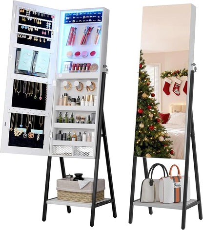 LVSOMT 3 LEDs Mirror Jewelry Cabinet, 60.4" Jewelry Mirror Full Length, Standing Lockable Jewelry Armoire Organizer, Floor Mirror with Storage for Jewelry Cosmetics, White