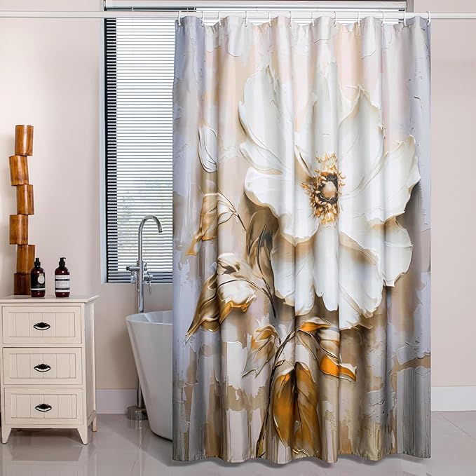 Elegant Floral Shower Curtain, Modern Minimalist White Flower and Gold Accents on Taupe Fabric Bathroom Decor, Waterproof & Washable Shower Curtain Set with Hooks, 72x72 Inch