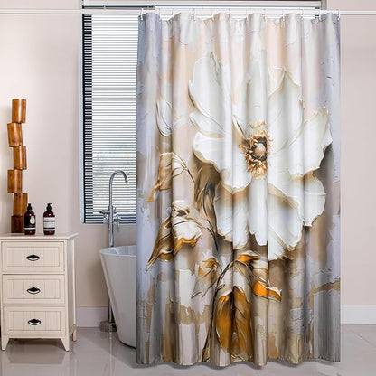 Elegant Floral Shower Curtain, Modern Minimalist White Flower and Gold Accents on Taupe Fabric Bathroom Decor, Waterproof & Washable Shower Curtain Set with Hooks, 72x72 Inch