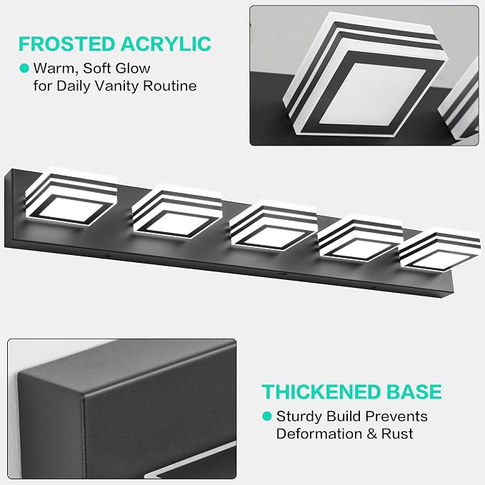SOLFART LED Bathroom Lighting Fixtures - 5 Lights Modern Matte Black Acrylic Vanity Lights for Mirror 32inch 24W 5CCT