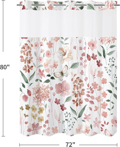 Litabel No Hook Pink Watercolor Floral Shower Curtain and Liner Set, 72x80 | Spring Flower Shower Curtains with Snap-in Liner for Farmhouse Bathroom Decor, Botanical Bathroom Curtain with Leaves