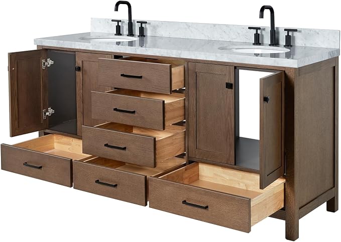 ARIEL Cambridge 72-inch Bathroom Vanity with Sink,Solid Wood, 1.5-inch Italian Carrara Marble Countertop, Double Oval Porcelain Sink, 4 Soft Closing Doors, 6 Dovetail Drawers, Brown Oak