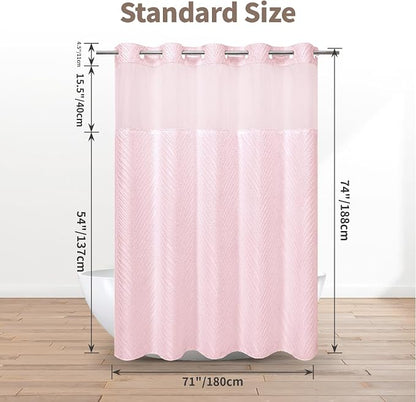 eachope no Hook Shower Curtain and Liner Set，Boho Style with See Through Top Window, Pink Fabric Tufted Striped Textured Outer Curtain & Waterproof Inner Liner, Pink, 71Wx74H
