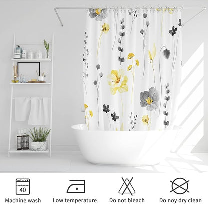 Yellow Beige Watercolor Floral Fabric Shower Curtain, 48x72 | Waterproof Fabric, Modern Minimalist Floral Print, Machine Washable, Rustproof Grommets, for Bathroom Home, Stall