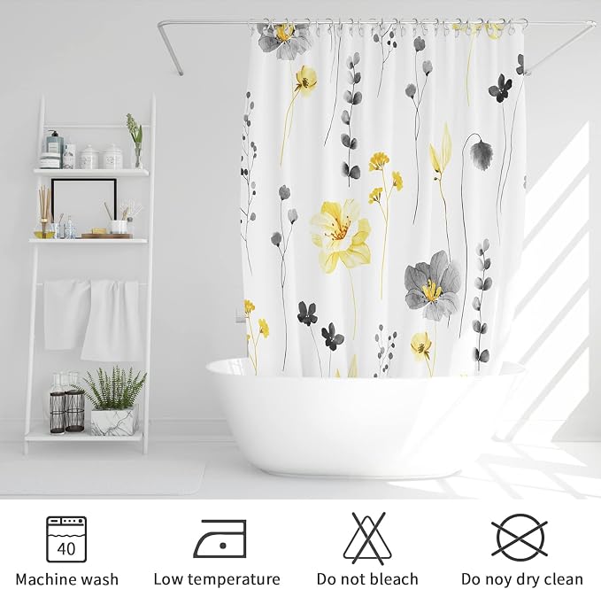 Yellow Beige Watercolor Floral Fabric Shower Curtain, 60x72 | Waterproof Fabric, Modern Minimalist Floral Print, Machine Washable, Rustproof Grommets, for Bathroom Home, Stall
