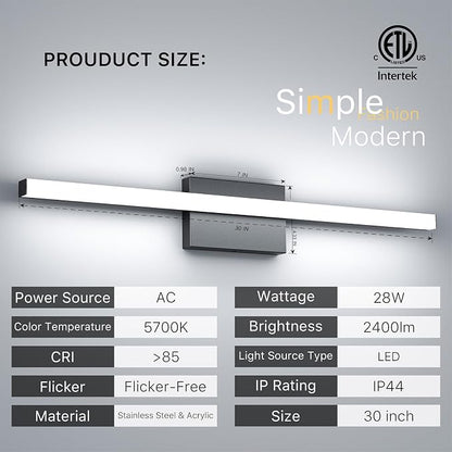 30Inch LED Bathroom Vanity Light Bar 5700K Dimmable Led Bathroom Light Over Mirror Modern Bath Wall Light Cool White ETL Certified 28W 2Pack