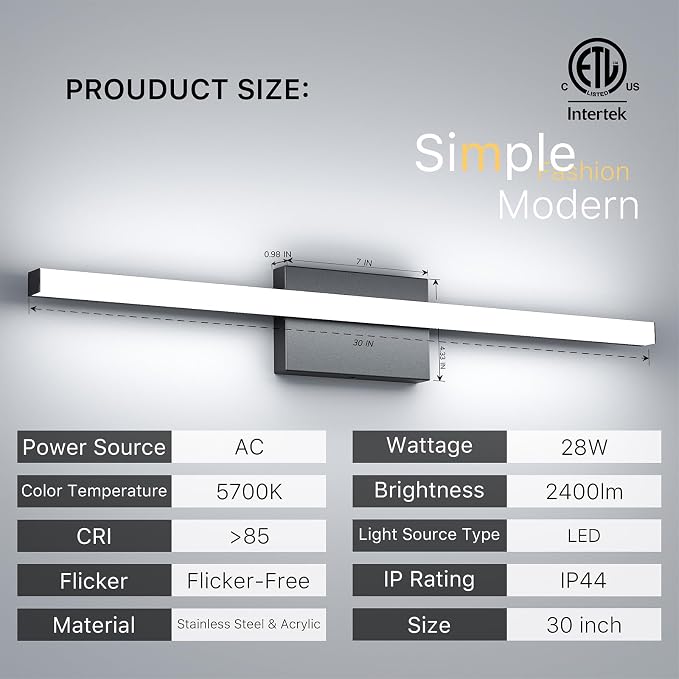 30Inch LED Bathroom Vanity Light Bar 5700K Dimmable Led Bathroom Light Over Mirror Modern Bath Wall Light Cool White ETL Certified 28W