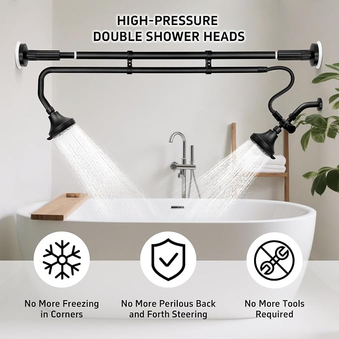 OURBAOFU Tandem Shower Heads, Double Shower Head for Couples | Dual Shower Head System for Two People,High Pressure,Adjustable 360° Rotation,48–78 In for Bathrooms,Gifts for Couples-Black