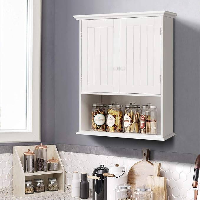 COSTWAY Wall Mounted Bathroom Cabinet, Over The Toilet Storage Cabinet w/Double Doors & Adjustable Shelf, Wood Hanging Medicine Cabinet for Living Room, Entryway, Kitchen (White) | Double Doors & Adjustable Shelf, Wood Hanging Medicine Cabinet for Livi...