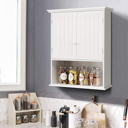 COSTWAY Wall Mounted Bathroom Cabinet, Over The Toilet Storage Cabinet w/Double Doors & Adjustable Shelf, Wood Hanging Medicine Cabinet for Living Room, Entryway, Kitchen (White) | Double Doors & Adjustable Shelf, Wood Hanging Medicine Cabinet for Livi...