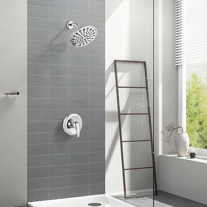 gotonovo Shower Faucet Set with Valve 6 Mode Rain Head Polished Chrome | Bathroom Shower Head and Handle Set Complete Combo,6 Mode Multi 6’’ ABS Rainfall Showerhead,Brass Valve Trim Kit,Wall Mount