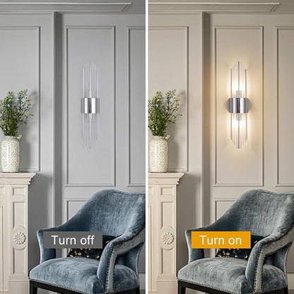 Modern Crystal Wall Sconce, Chrome Finish Wall Sconce, Made of Stainless Steel and Crystal Strip, 21.3 x 4.7 x 2.4 Inches, with 2 E12 Light Sources, Hardwired, Non-Rechargeable