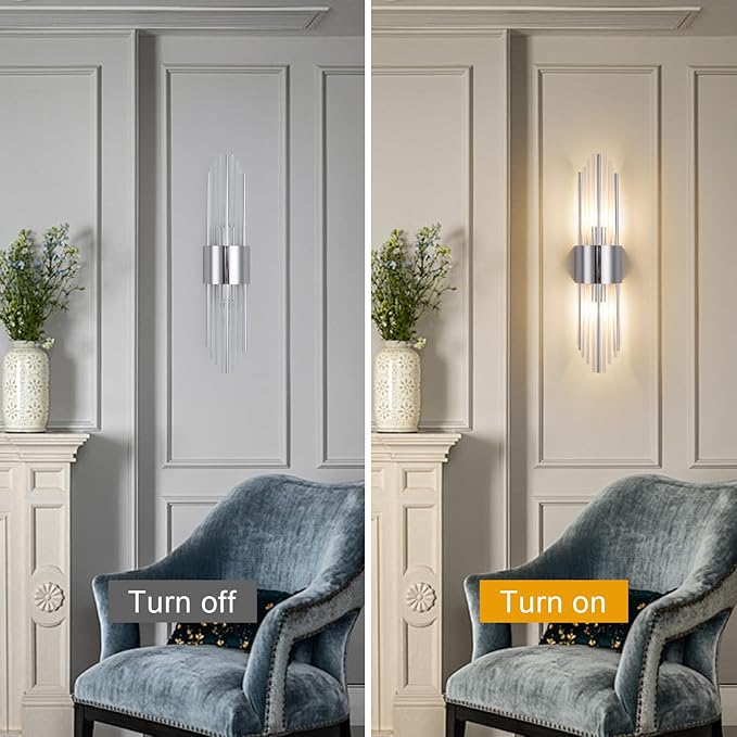 Chrome sconces wall set of 2, silver crystal wall sconces set two, modern wall sconce decoration (set of two) for living room, bedroom, bathroom, vanity, stairs, hallway,With 4 E12 light sources