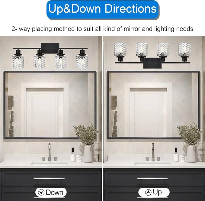 MELUCEE 4 Lights Black Bathroom Light Fixtures with Hammered Glass Shade | Indoor Metal Vanity Light Wall Lights for Powder Room Hallway Kitchen, E26 Base