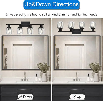 MELUCEE 4 Lights Black Bathroom Light Fixtures with Hammered Glass Shade | Indoor Metal Vanity Light Wall Lights for Powder Room Hallway Kitchen, E26 Base