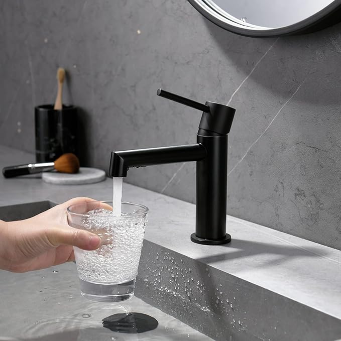 Bathroom Faucet, Indare Single Hole Brass Matte Black Bathroom Faucet with Pop-up Sink Drain Assembly and Faucet Supply Hose