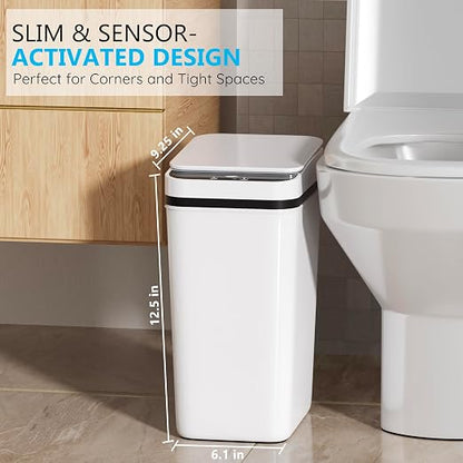 Bathroom Small Trash Can with Lid, Automatic Garbage Can, 2.6 Gallon | 3 Pack Touchless Slim Waterproof Motion Sensor Smart Trash Bin for Bedroom, Office, Living Room-White